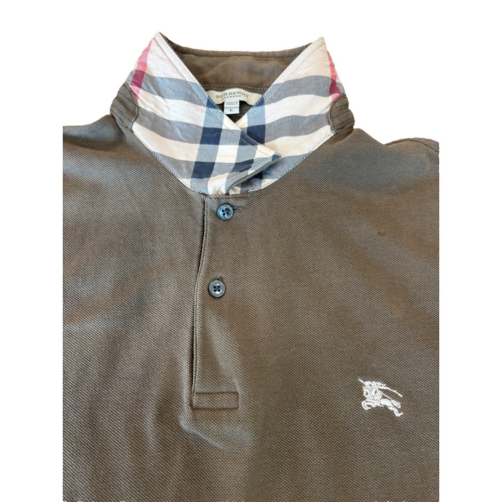 rare Burberry brown polo mens' tee sz large, under collar plaid with white logo